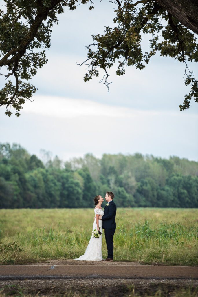 bride and groom under the Big Tree McBain, MO