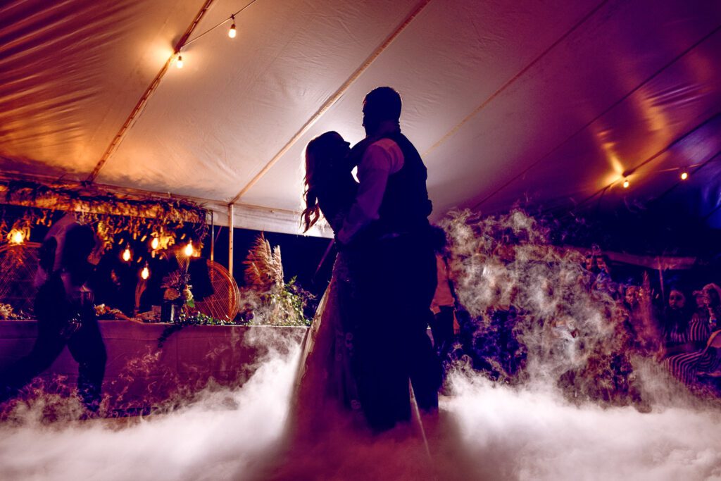 smoke around bride and groom dance