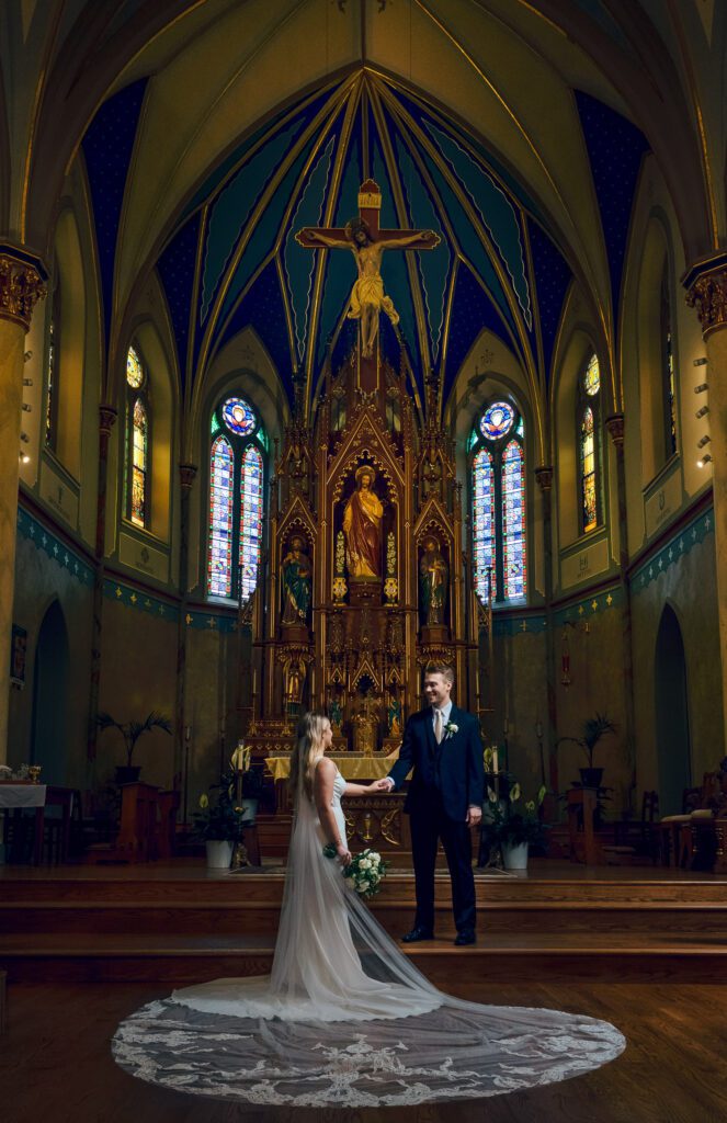 bride and groom in Catholic church