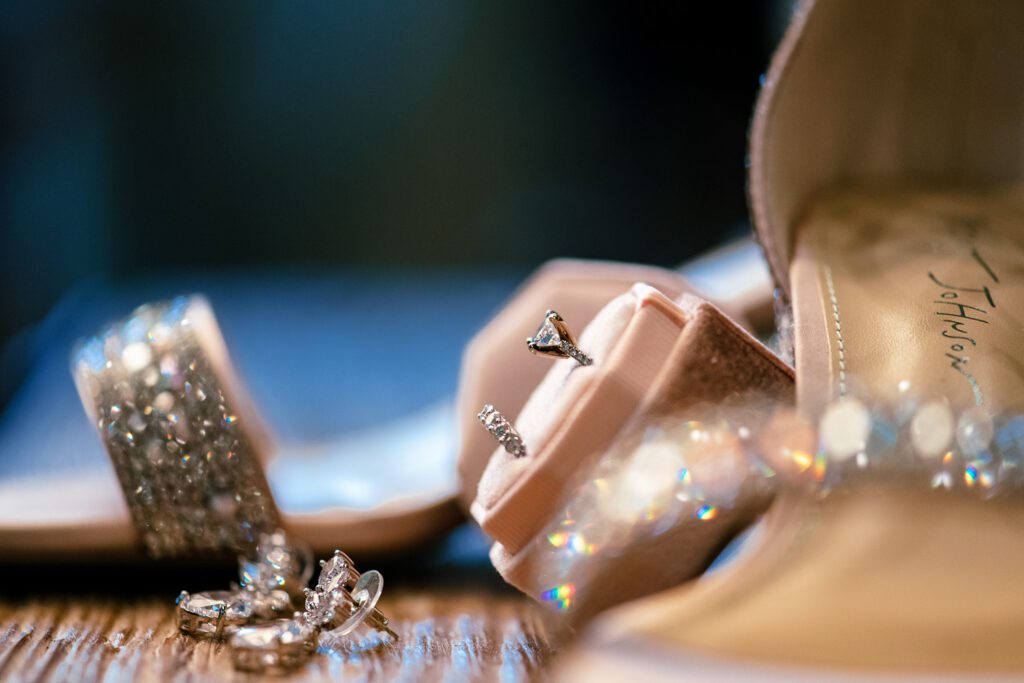 pink decor with bridal jewelry and shoes