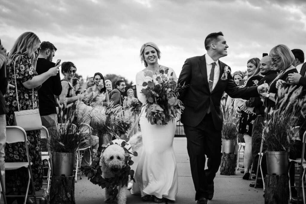 Bride and groom walking dog down the aisle after wedding