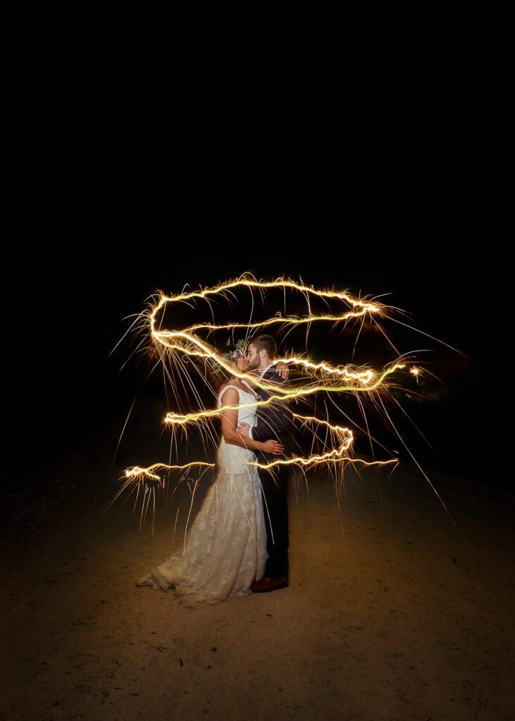 sparkler around bride and groom kissing