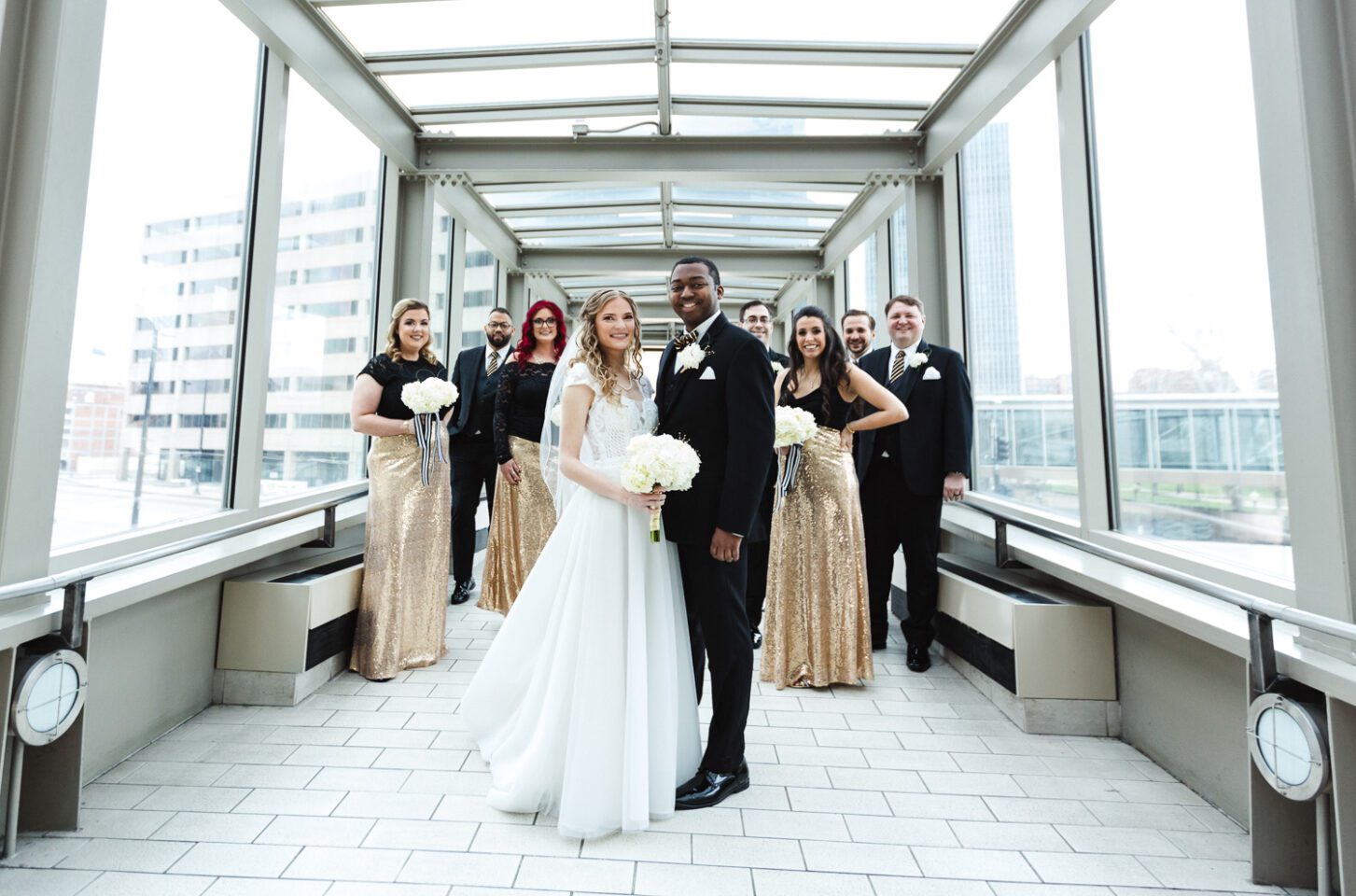 wedding party in union station walkway kansas city