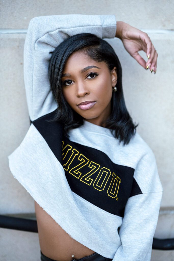 Black Mizzou College Senior Girl wearing mizzou crop top sweatshirt