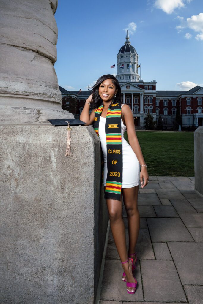 Mizzou college senior girl wearing white dress and class of 2023