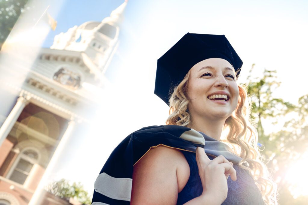 multiple exposure jesse hall graduating senior girl cap and gown
