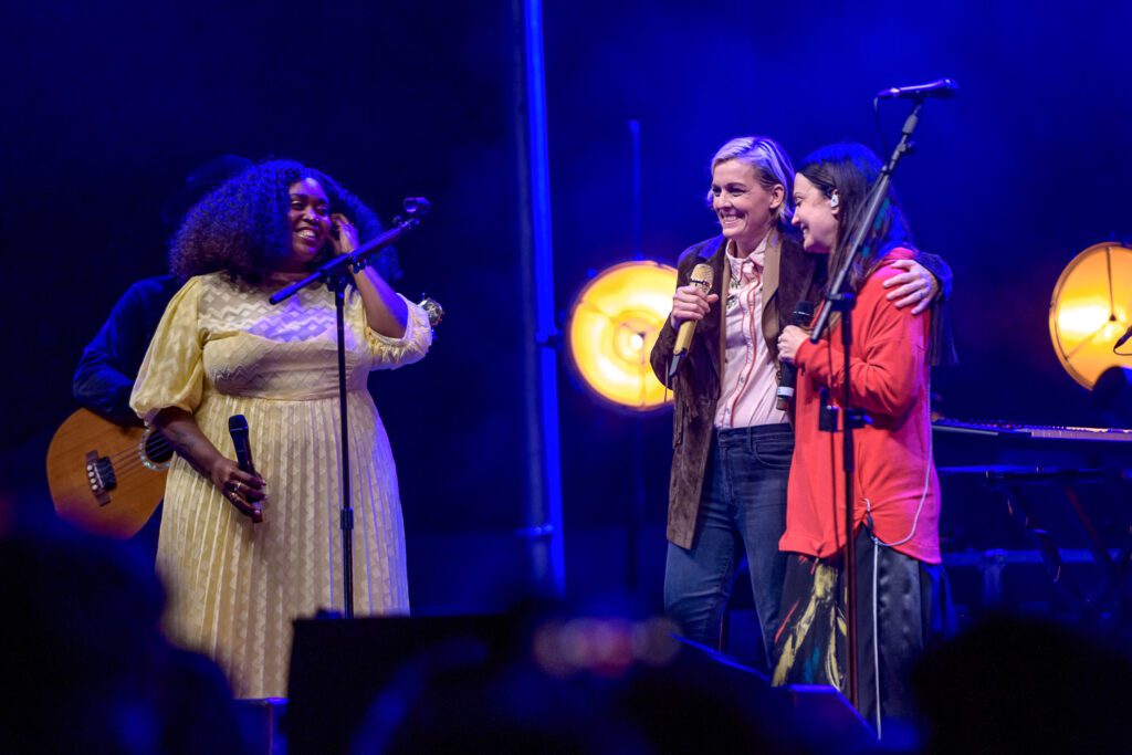 Brandi Carlile, Brittney Spencer and Natalie Hemby perform together as the Highwomen at the Roots and Blues Festival.