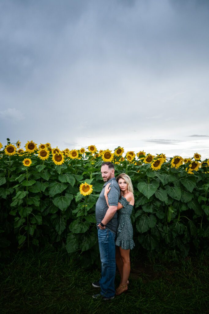 couple holding each other in front of sunflower field with stormy skies