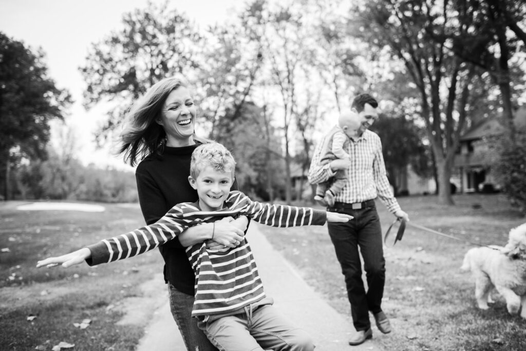 family having fun on a walk in columbia missouri