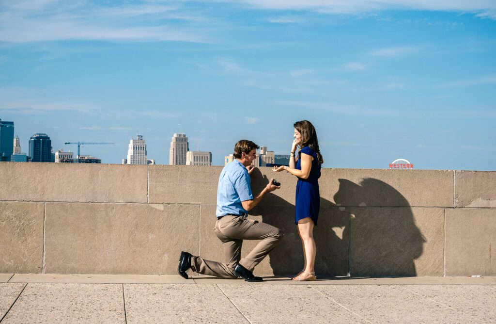man proposing at Kansas City National WWI Memorial