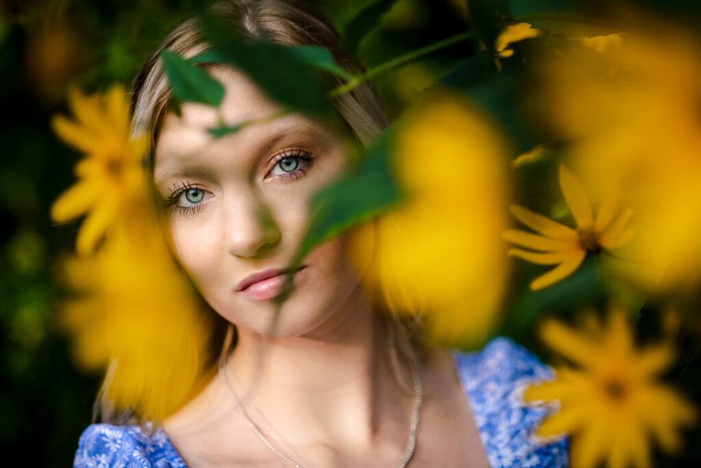 senior girl yellow flowers