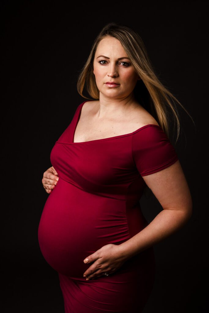 studio red maternity dress with mother