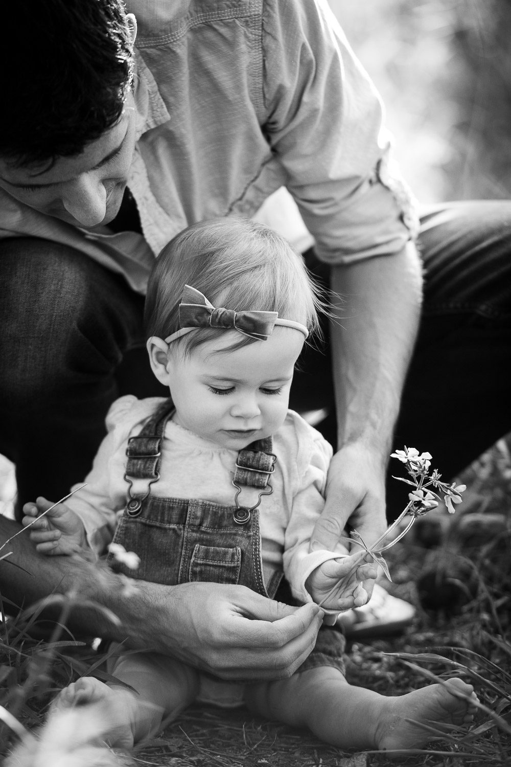 Daughter holding flower from daddy during Kasmann Family Photos by Schaefer Photography in Capen Park, Columbia, Missouri.