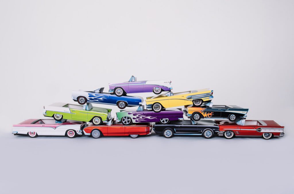 stack of classic cars cardboard lunch boxes