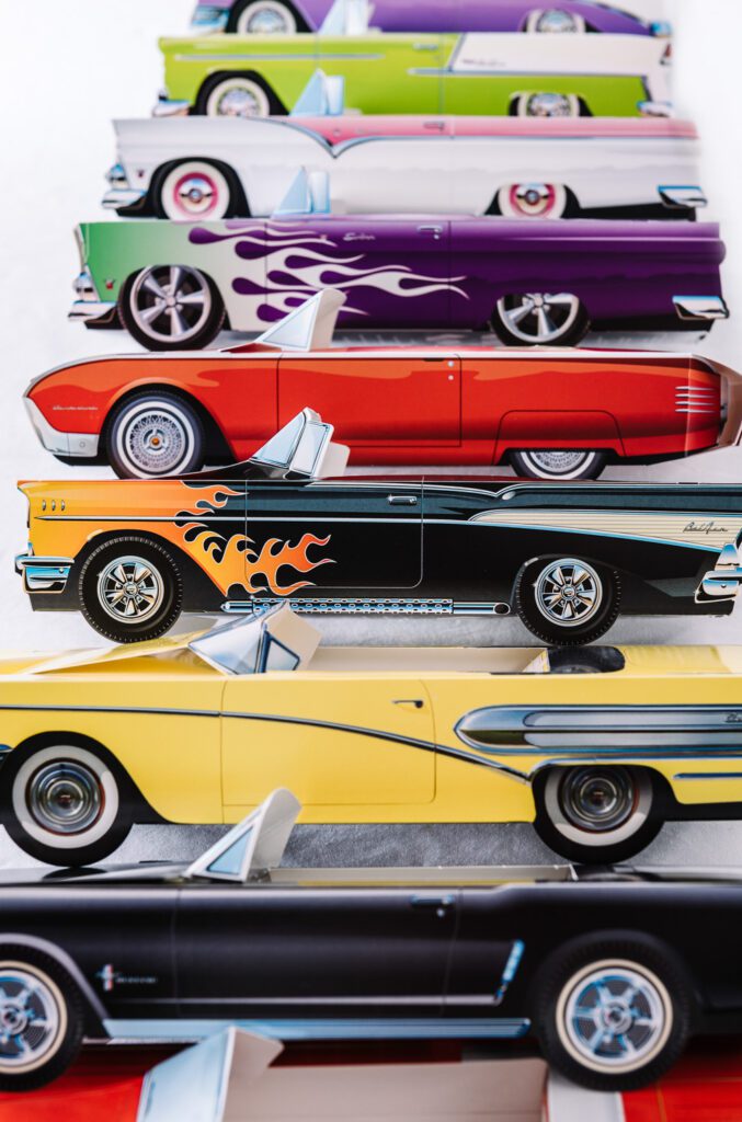 Cardboard cars lined up