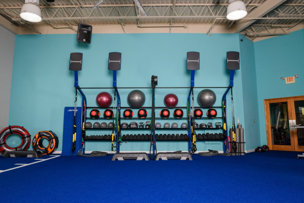 Balls and weights sit on shelf