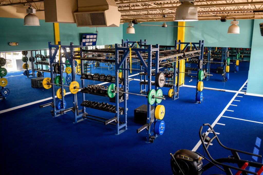 gym equipment in blue and green room