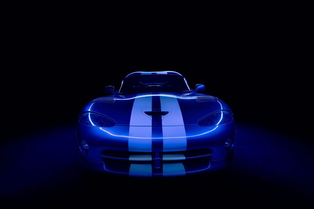 A dodge viper shot from the front with light painting by Schaefer Photography