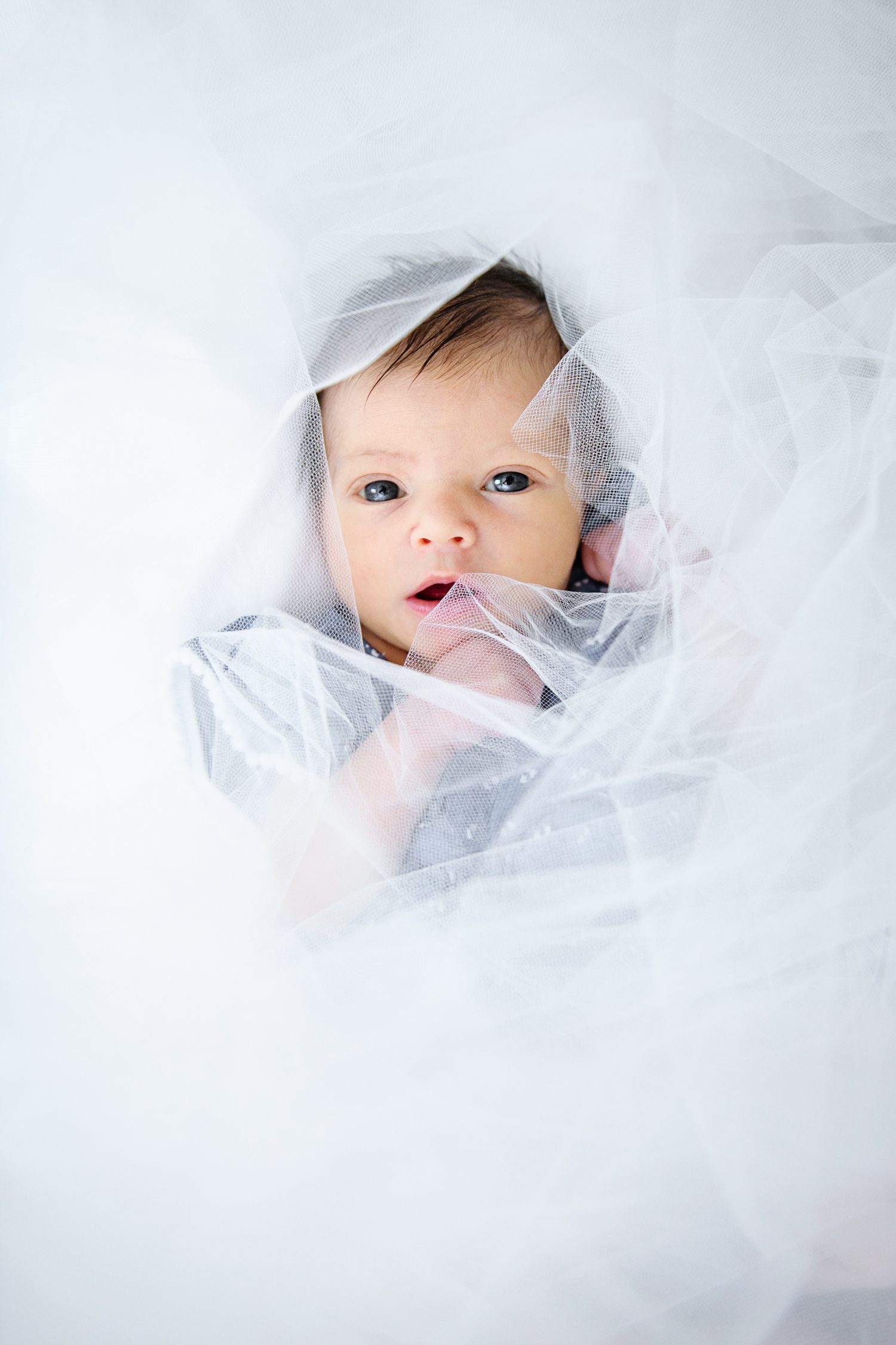 newborn wrapped in lace on wedding dress