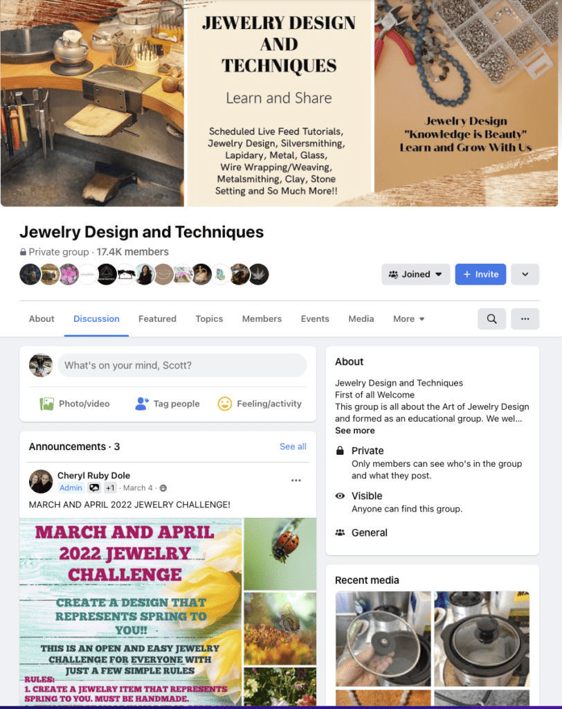 A screen shot of facebook group Jewelry Design and Techniques