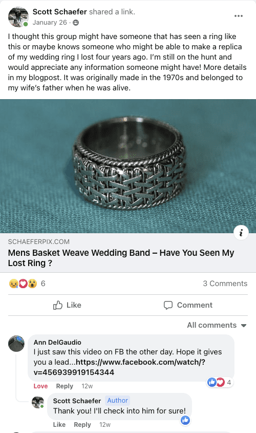 A screen shot of Scott Schaefer's original post looking for his lost heirloom wedding ring.