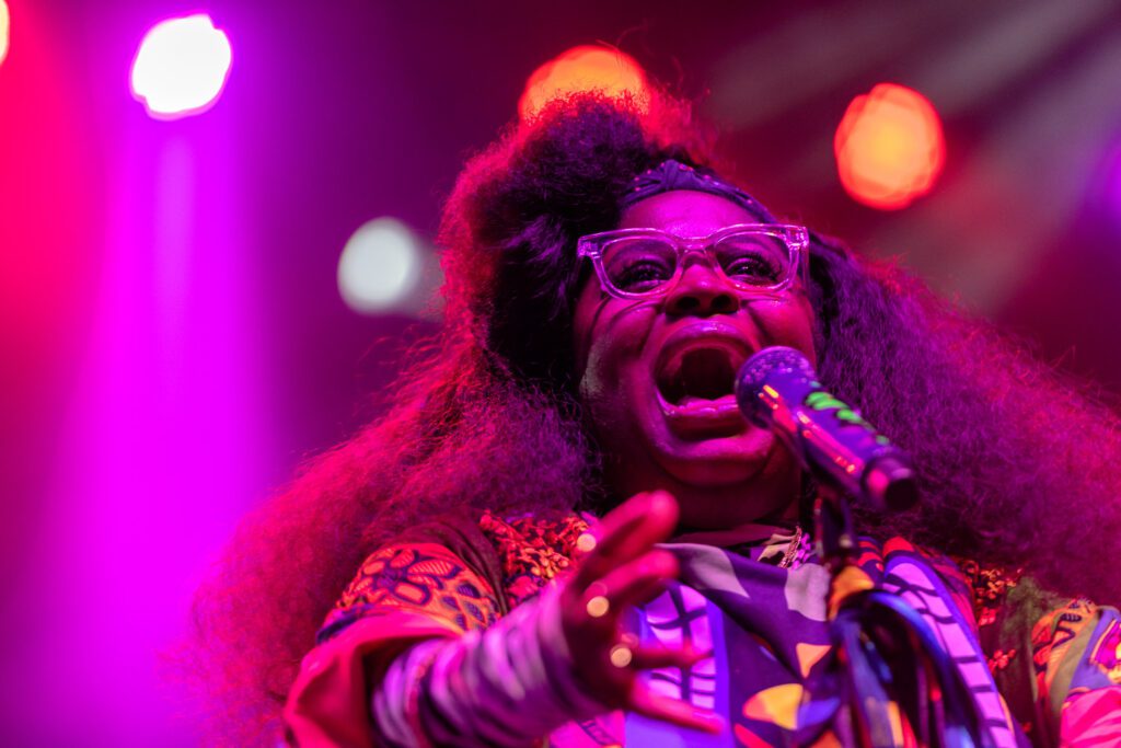 Singer Tank and the Bangas Perform at the 2021 Roots and Blues Festival in Columbia, Missouri at Stephens Lake Park.