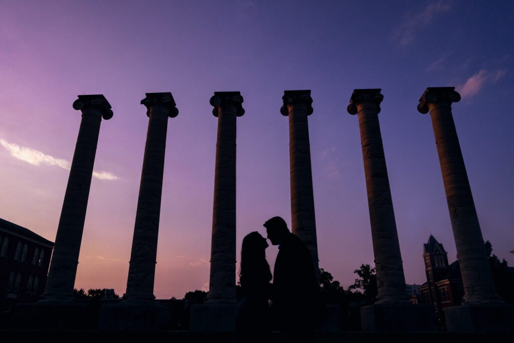 Silhouette of couple during engagement session mizzou columns columbia missouri  byschaefer photography