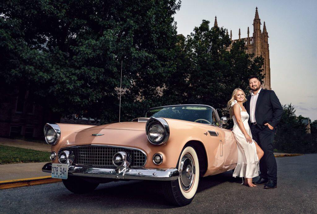 Vintage 1956 Thunderbird Engagement Session Couple in front of Memorial Union