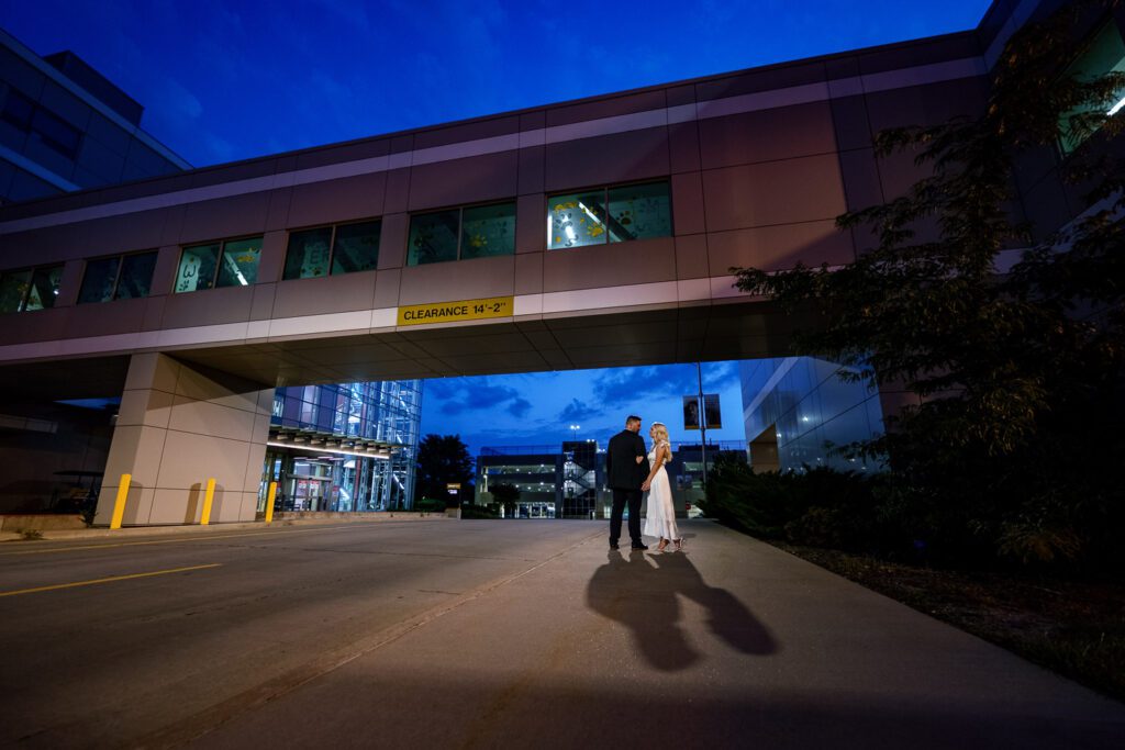 Engagement Session under walkway at the Missouri Orthopedic Institute.