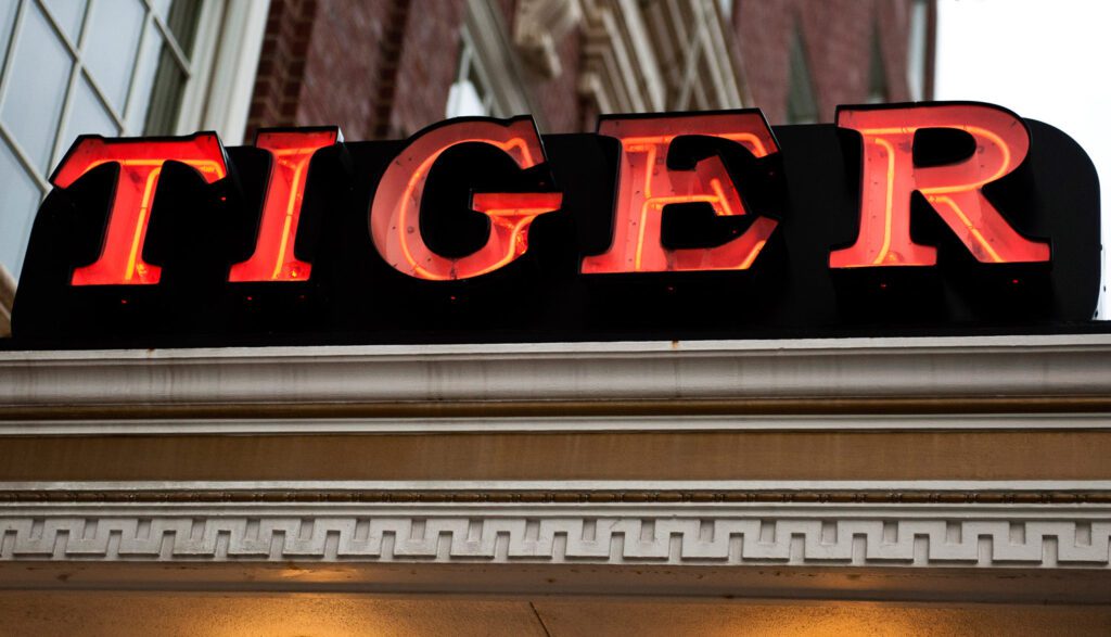 An orange neon Tiger Sign from the Tiger Hotel in Columbia, Missouri. 