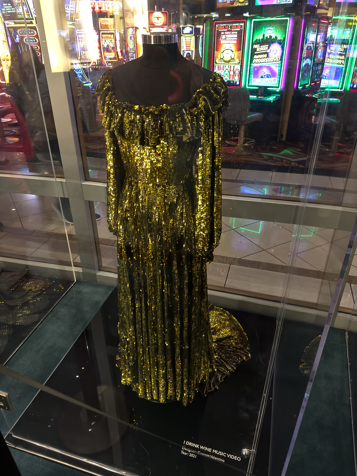 Gold Sequin Dress from Adele's I Drink Wine Music Video on Display in Caesars Palace.