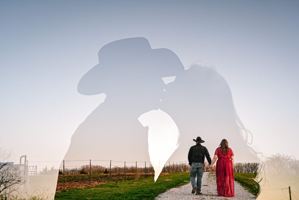 Multiple Exposure of couple walking down gravel road with guy wearing cowboy hat.