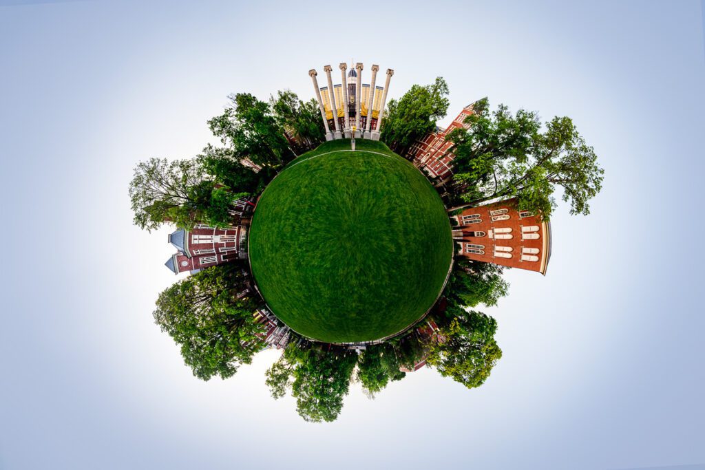 A 360 degree planet view of the University of Missouri Columbia Campus before the Oak Trees were cut down surround the famous columns.