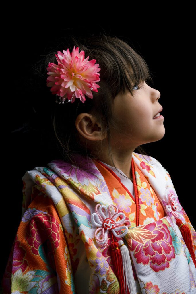 Young Japanese girl wearing colorful ceremonial kimono.