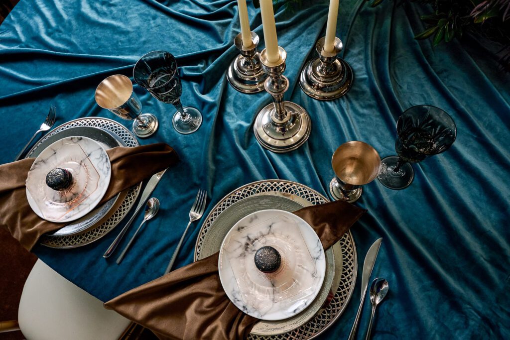 tablescape with macaroons and blue velvet for sweetheart