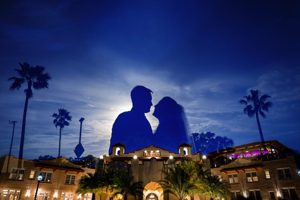 Mulitple Exposure shot of bride and groom over Fenway Hotel in Dunedin Florida