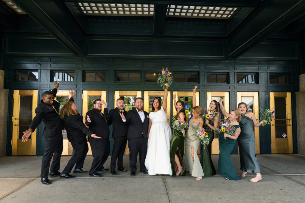 bride and groom in front union station kansas city